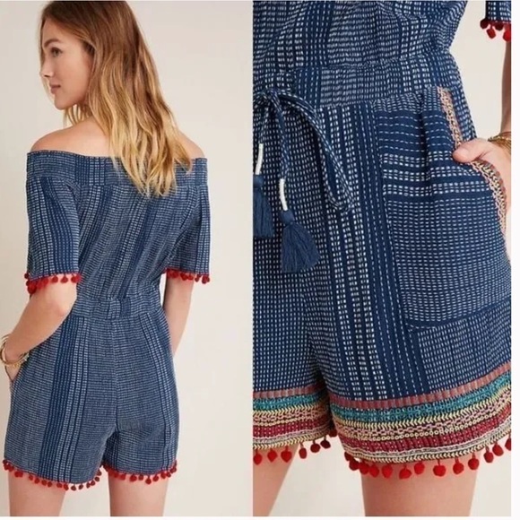 THML Anthropologie Blue Pom Pom Romper W/Embroidery & Pockets - Picture 2 of 8